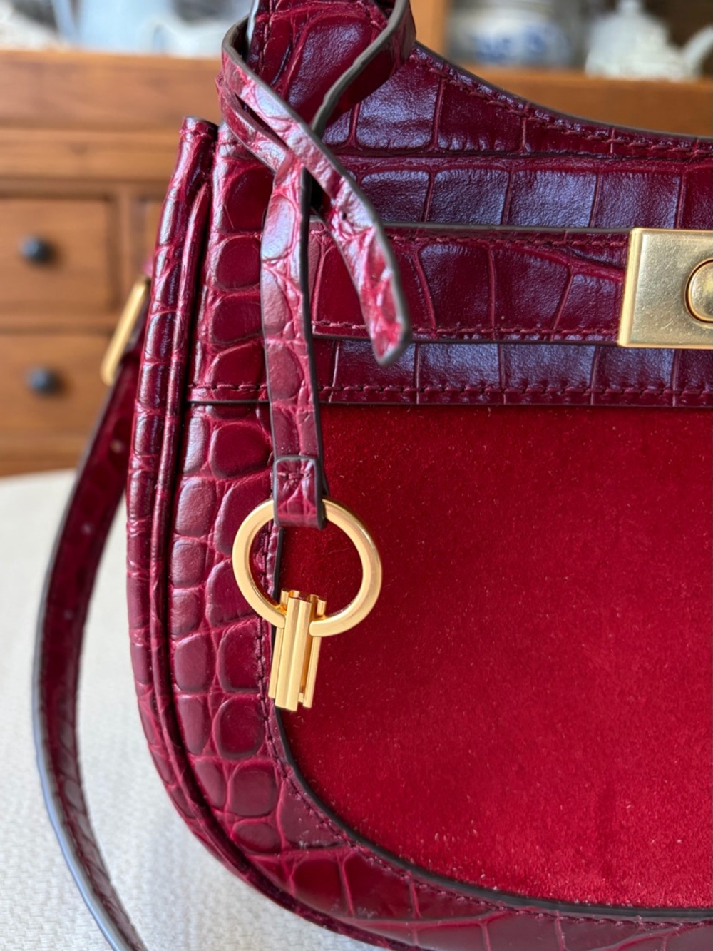 Tory Burch Lee Radziwill Croc-Embossed Leather & Suede Saddle Bag in Roma Red - Picture 2 of 8